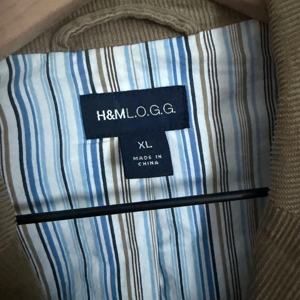 H&M LOGG Corduroy Blazer‎ Mens XL Tan Khaki Sport Coat 3-Button Striped Lining